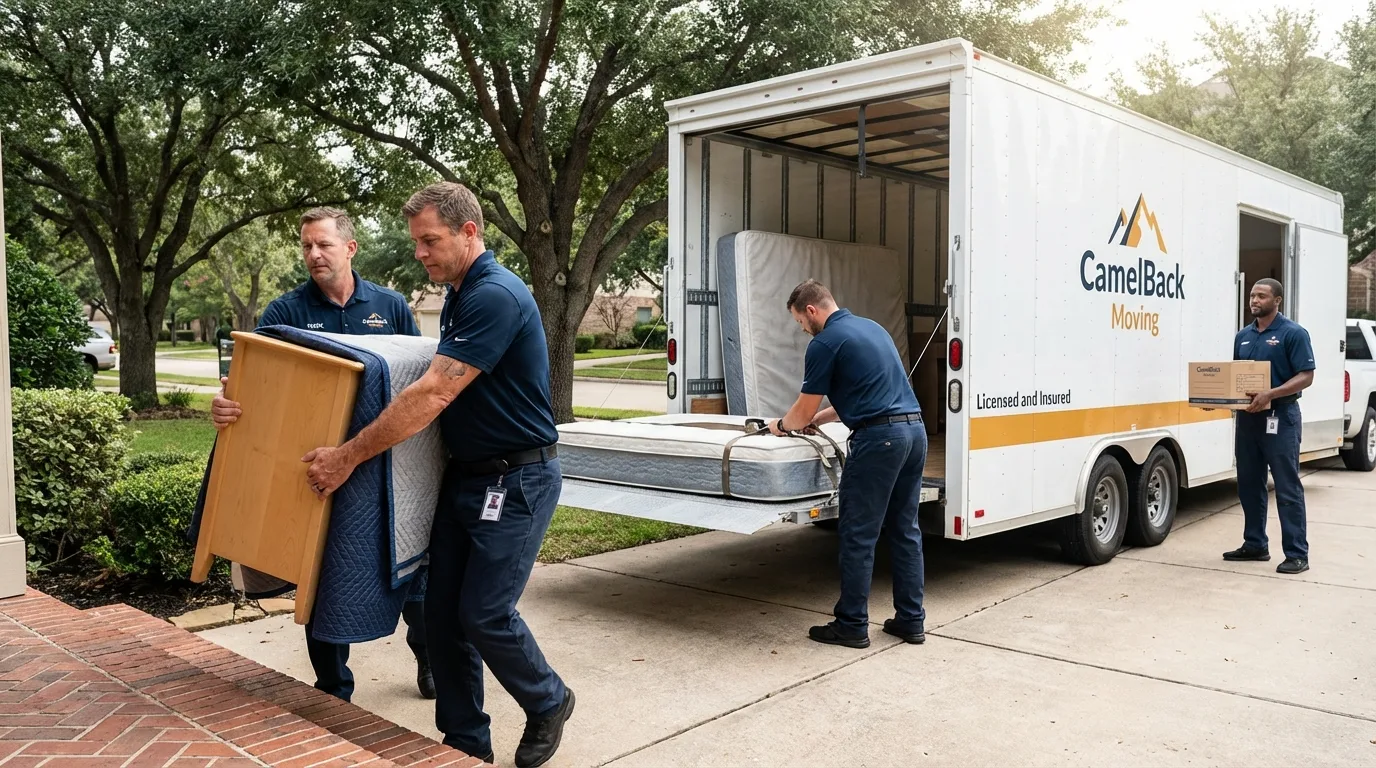 Crew loading residential truck for cross-state move from Tulia, TX