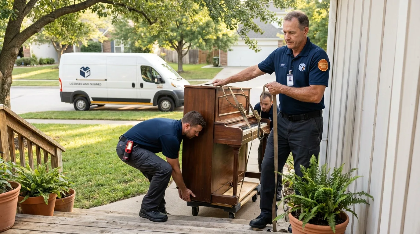 Licensed piano movers securing grand piano in Tulia, TX