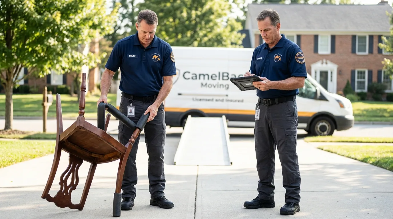 Movers inspecting furniture for damage prevention before loading in Tulia, TX