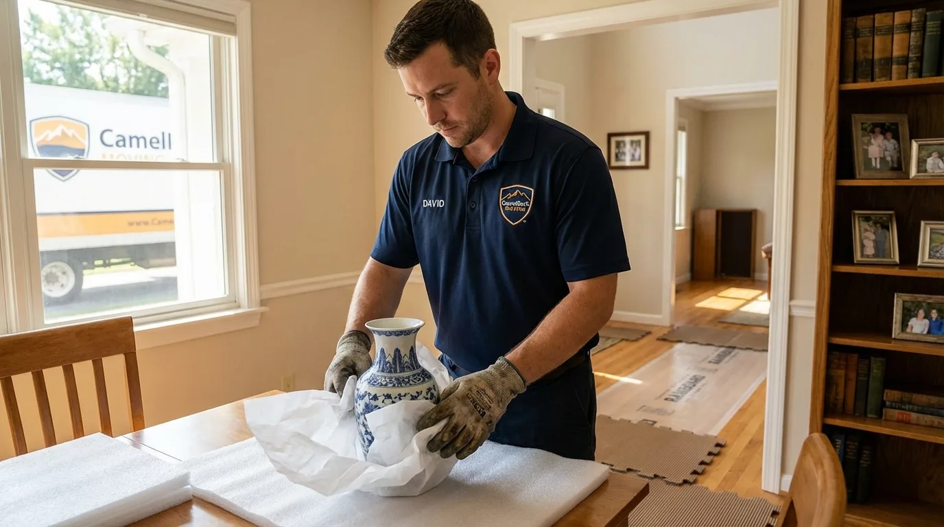 Professional crew carefully wrapping antique vase for senior downsizing move in Tulia, TX